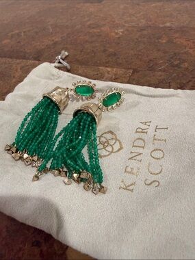 Kendra Scott Emerald Green Beaded Tassel Earrings with Gold Accents